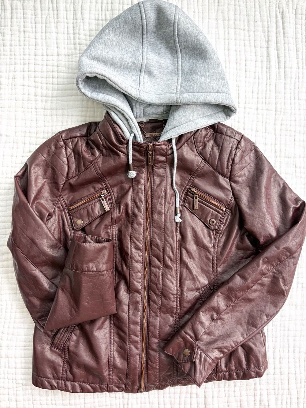 JouJou Brown Faux Leather Moto Jacket Removable Hood Faux Fur Lined Women’s L